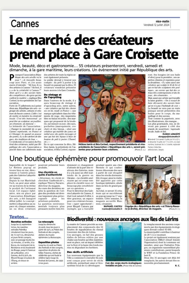 Article de Nice Matin sur Festival des créateurs de République des Arts à la Gare Croisette